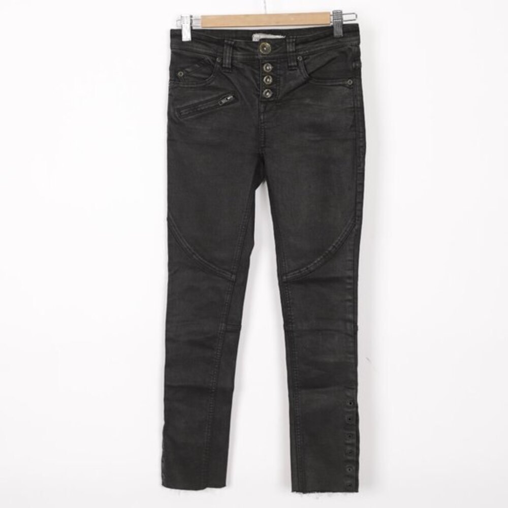 Free People Skinny Moto Raw Hem Button Fly Jeans with Slit Grommet size 24